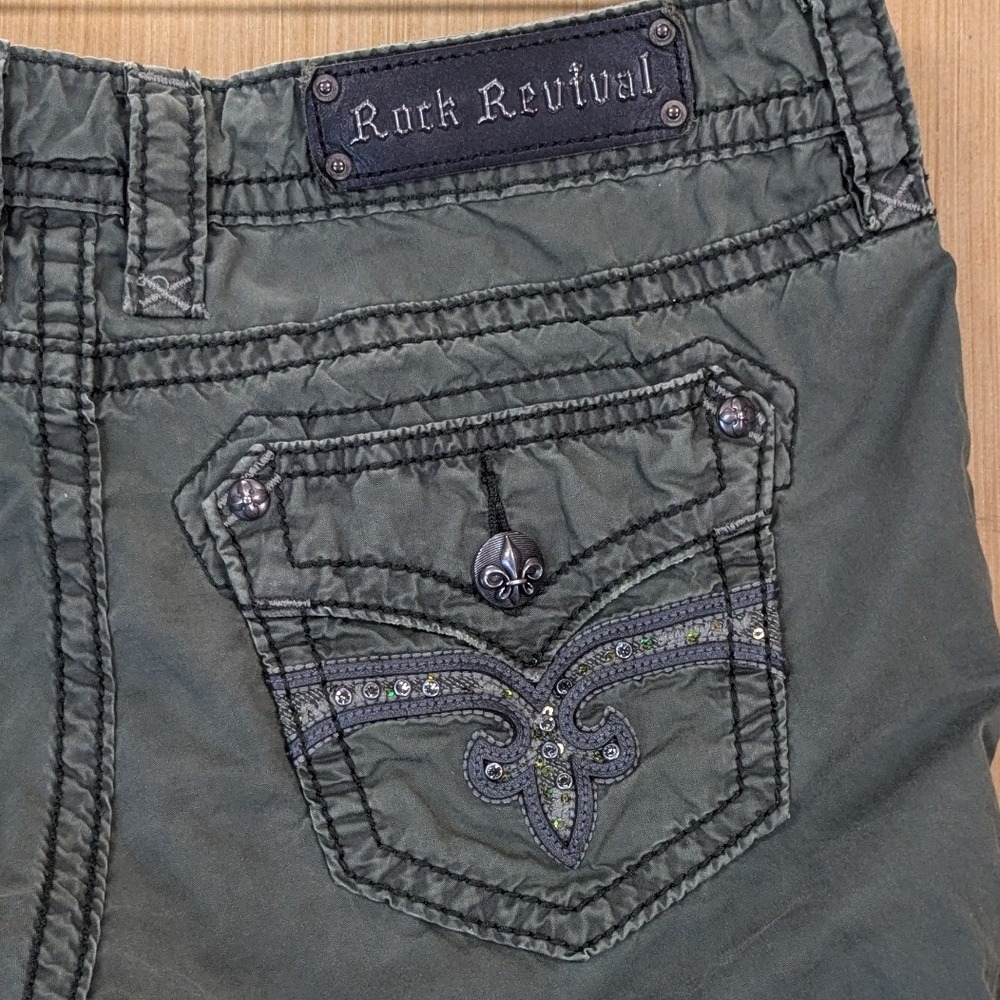 Rock Revival Y2K Low Rise Military Green Cargo Pants Womens 29 32 Flap Pocket